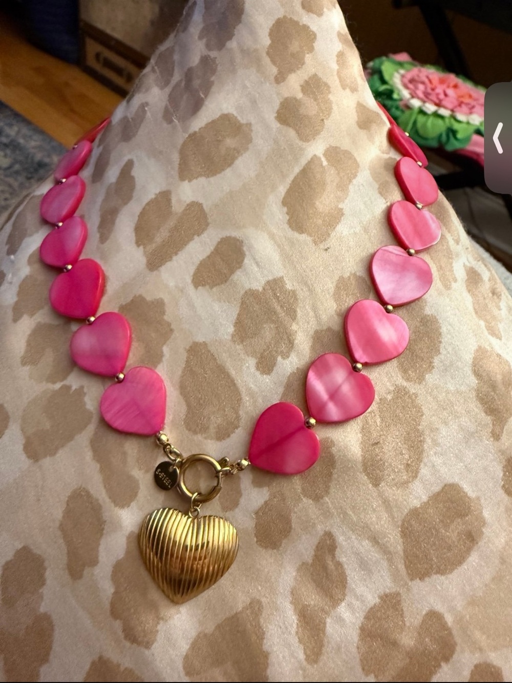 Pink Heart Bead Necklace with Gold Heart Charm